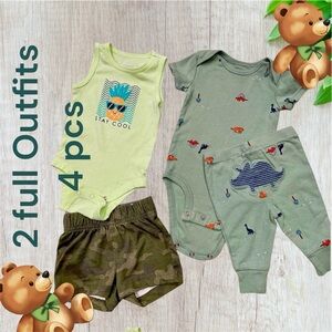 4PCS Green Dinosaur Kids 2 Piece Set and camo shorts & matching top! Gently used